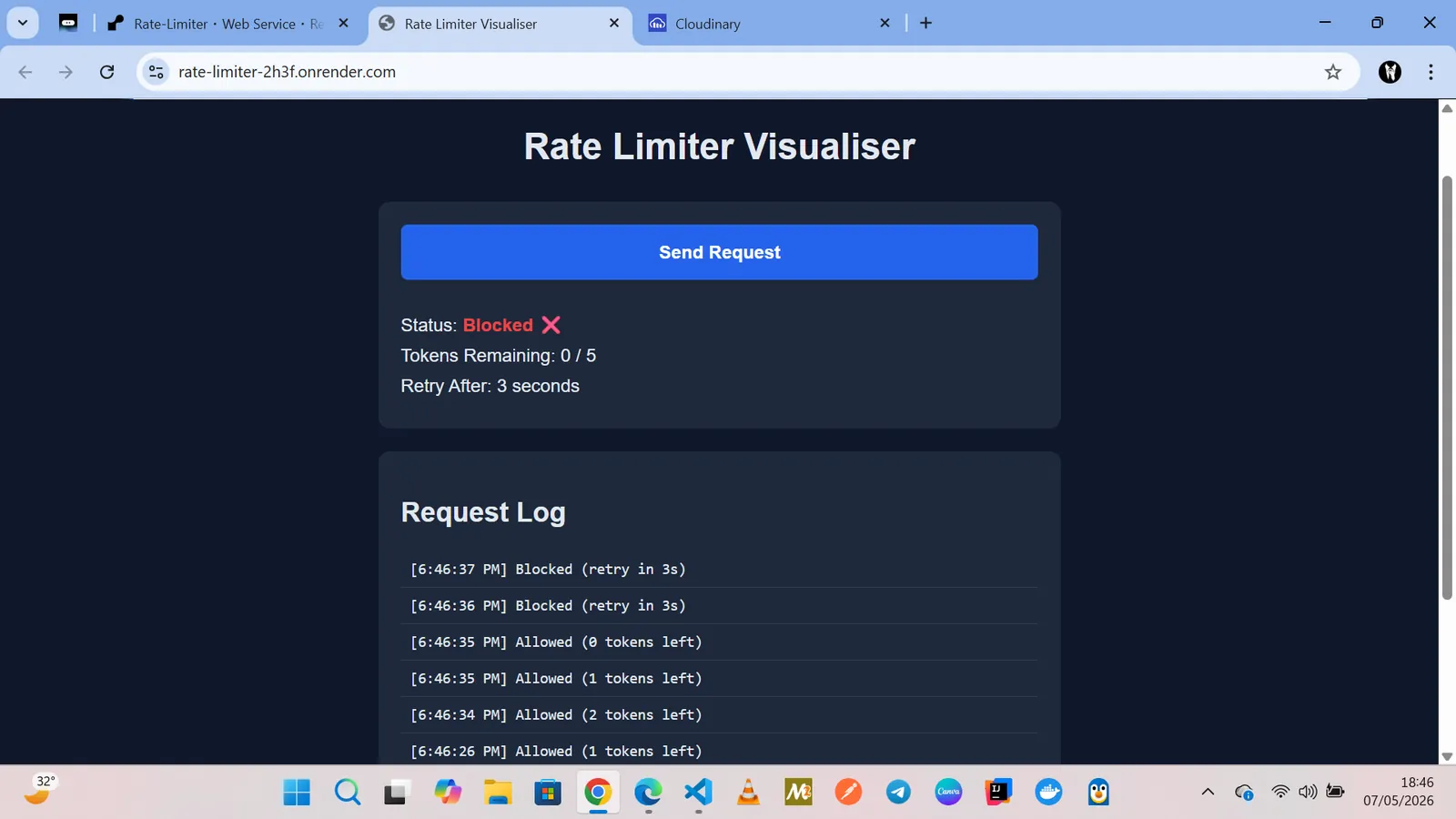 Rate-Limiter's demo visualiser showing request throughput against the window limit